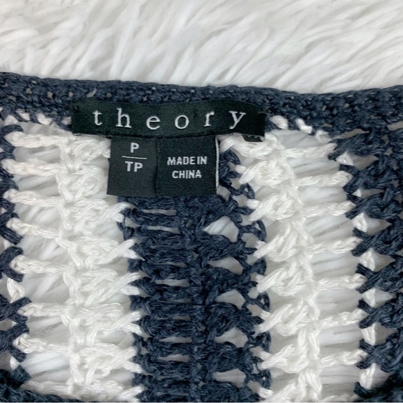 Theory long sleeve boat neck striped open knit sweater pullover white blue - Picture 4 of 6